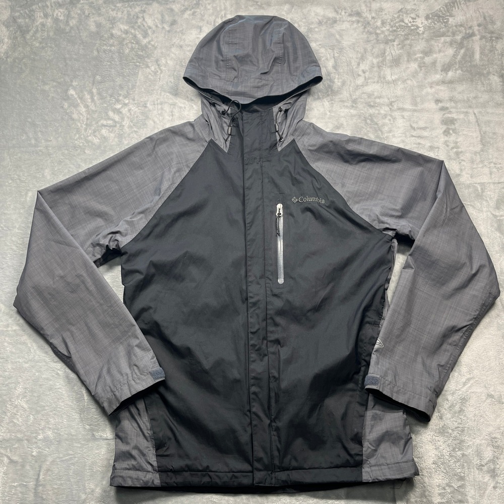 Columbia Hooded Jacket Mens Medium Black Grey Omni-Heat Omni-Tech Waterproof